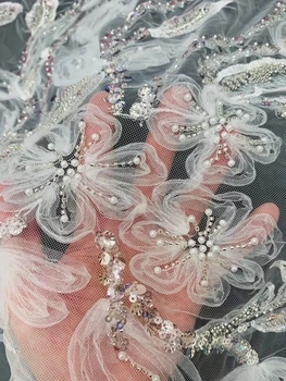 3D Невеста Кружевная ткань с блестками, Африканская аппликация, Тюль, Хрустальные бусины, Свадебная вечеринка, Белая Высококачественная Французская сетка из бисера