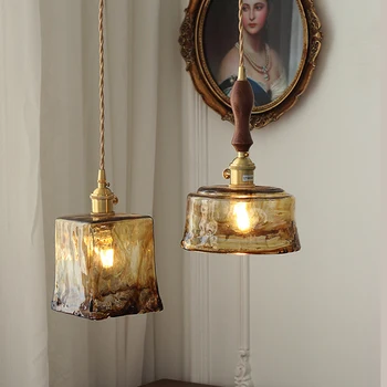 Подвесной светильник из латуни и стекла в Скандинавском ретро стиле, Простой подвесной светильник в Японском стиле, Прикроватная тумбочка для спальни, Столовая, Кухонный светильник