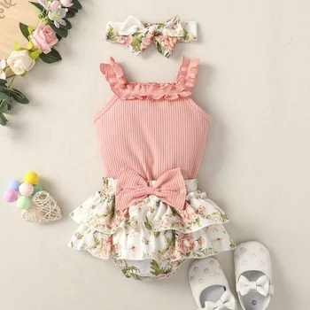 Летняя одежда для малышей, одежда с цветочным рисунком для девочек, детский комбинезон с коротким рукавом, комбинезон для новорожденных + шорты-пачка с цветочным рисунком для девочек, комплект одежды из 3 предметов, 40