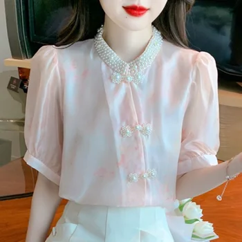 WDMSNA Новая женская рубашка с коротким рукавом, вышитый бисером воротник, блузка с принтом, женские летние рубашки в китайском стиле с неправильной пряжкой для женщин