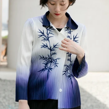 Плиссированная рубашка Miyake, Роскошные топы 2021 года, новая блузка с длинным рукавом градиентного цвета и пуговицами, Оригинальная дизайнерская женская одежда