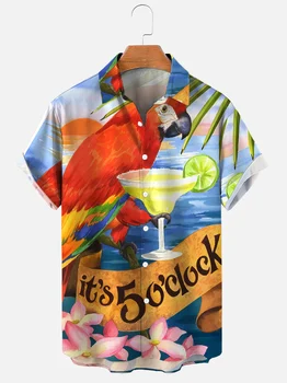 Мужская повседневная рубашка с принтом Hawaii Parrot Cocktail It's 5 O'Clock