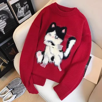 Вязаные Элегантные свитера с круглым вырезом, японский жаккард Sweet Cat, свитера с длинным рукавом, пуловер Mujer Y2k, красный женский
