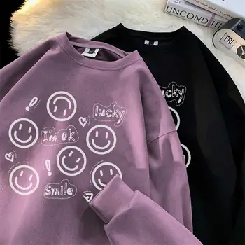 Свободные женские повседневные свитшоты из замшевой ткани, уличная одежда с изображением улыбающегося лица, женские пуловеры в стиле хип-хоп, топы нового бренда