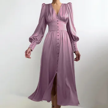 Новое женское длинное платье с V-образным вырезом, однотонное атласное платье с запахом на талии, женское платье в стиле ретро C09