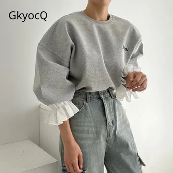 Корейский шикарный осенний Ретро-пуловер в стиле пэчворк с круглым вырезом и расклешенными рукавами для женщин, свободный топ, уменьшающий возраст, женский
