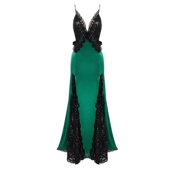 2023 Новое Женское Платье с Подвешенным Кружевом из Бисера, Черно-Зеленое Винтажное Длинное Платье