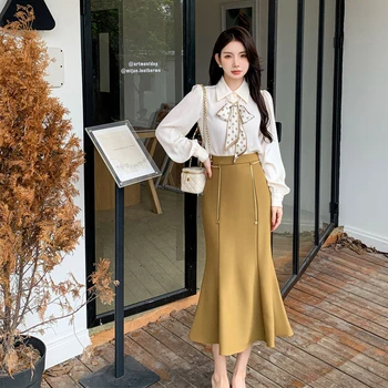 Корейская классическая однотонная минималистичная блузка с рукавом-фонариком для женщин 2023 Весна-осень, офисные женские лацканы, Элегантная тонкая повседневная рубашка