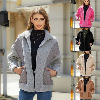 Шерстяное пальто для женщин 2023 Осень / зима, новый модный кардиган с длинным рукавом, женское пальто с плюшевой вставкой на молнии