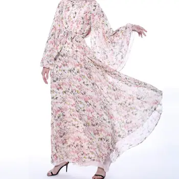Модное Розовое платье с принтом, Женская мусульманская Паранджа с ремешками, Легкое Марлевое Дышащее платье-Абайя с круглым вырезом.