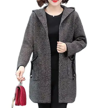 Высококачественное вязаное шерстяное пальто, женская осенне-зимняя куртка средней длины, свободная ветровка в клетку с капюшоном, верхняя одежда для женщин