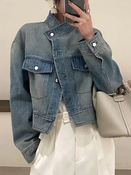 Винтажная уличная одежда, джинсовые куртки, Женская Повседневная Короткая Женская куртка, Корейское свободное Женское базовое пальто на осень 2023 года