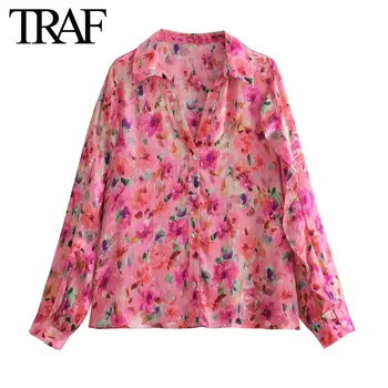 TRAF Женская мода, Ламинированная декоративная блузка с цветочным принтом и длинным рукавом, Уличная одежда, Рубашка, Шикарные женские укороченные топы Mujer