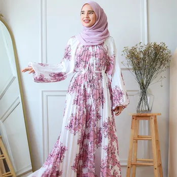 Новые мусульманские модные длинные платья 2023 года, женская одежда с рукавом-фонариком, плиссированная длинная юбка с принтом для женщин-мусульманок