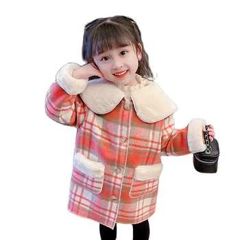 Длинная куртка для девочек, пальто в клетку для девочек, детские пальто с хлопковой подкладкой, детская зимняя одежда в повседневном стиле