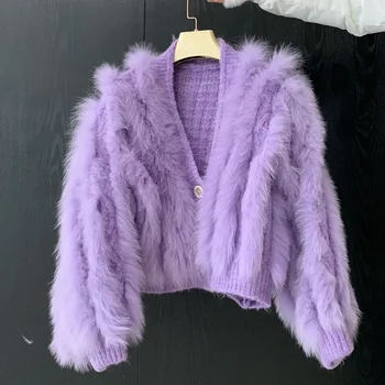 Роскошный женский осенний объемный свободный мех лисы снаружи, женское модное пальто-свитер фиолетового цвета из натурального меха лисы