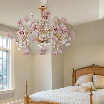 Освещение спальни, роскошная хрустальная люстра, европейский стиль, ветка персиковой пудры, керамический фонарь, придворная роза, новогодний декоративный