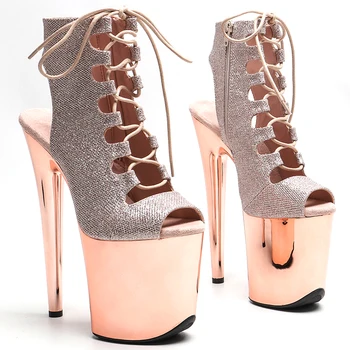 Leecabe 20 см/ 8 дюймов, блестящий верх, модный тренд, сексуальный ботинок для танцев на шесте с гальваническим покрытием цвета шампанского, с открытым носком, на платформе и высоком каблуке