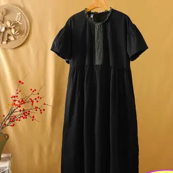 Длинное цельнокроеное платье, женское платье в мексиканском стиле в этническом стиле, черное кружевное платье в стиле пэчворк с коротким рукавом, женская одежда больших размеров