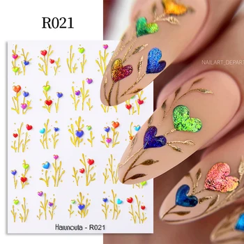 Harunouta Golden Flower 5D Наклейки для ногтей с тиснением в виде цветочного сердца, наклейки для ногтей, декор, весенние акриловые клейкие слайдеры для маникюра