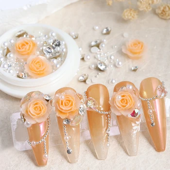 Набор украшений для ногтей со стразами в виде 3D Розы, Имитация жемчуга, Аксессуары для ногтей, Принадлежности для праздничной вечеринки, Маникюрные принадлежности.