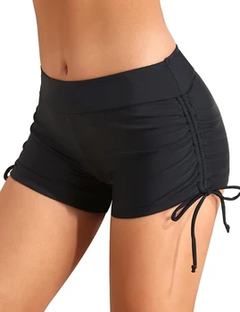 Женские плавательные брюки с высокой талией, однотонный купальник на шнурке, Черная пляжная одежда, облегающие шорты для йоги, нижнее белье